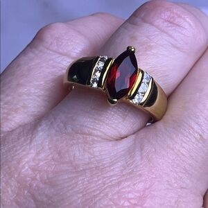 Vintage Signed JC Red Garnet Ring w/ Rhinestone accents Size 10